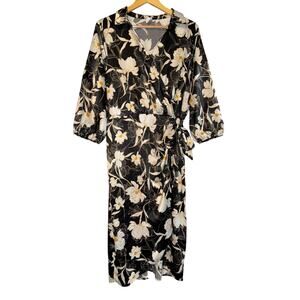 Naif Faux Wrap Satin Dress Women's XL Balloon Sleeve Lilly Floral Wedding Event
